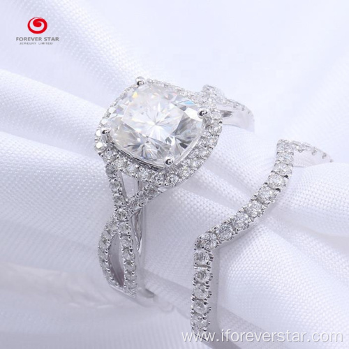 Platinum Plated Cushion Cut Halo Moissanite Engagement Ring